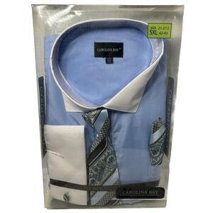 Carolina Bay Men's Dress Shirt & Tie Set Size 21 - 21.5 42 - 43 Blue Grey New